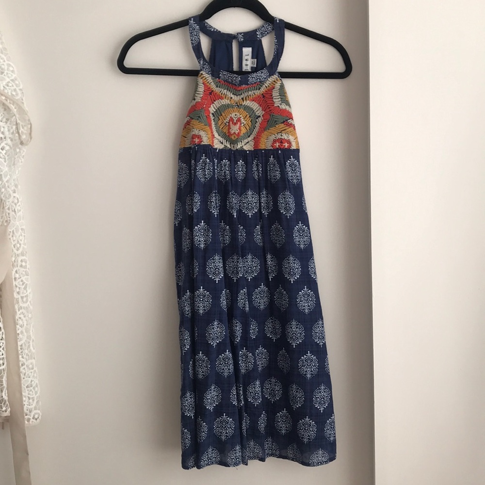 THML high neck blue batik boho dress w/ embroidery
